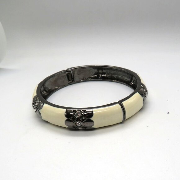 Enamel Bracelet Cream Gun Metal Gray Hinged Bangle Clear Rhinestone Accents - Picture 9 of 12